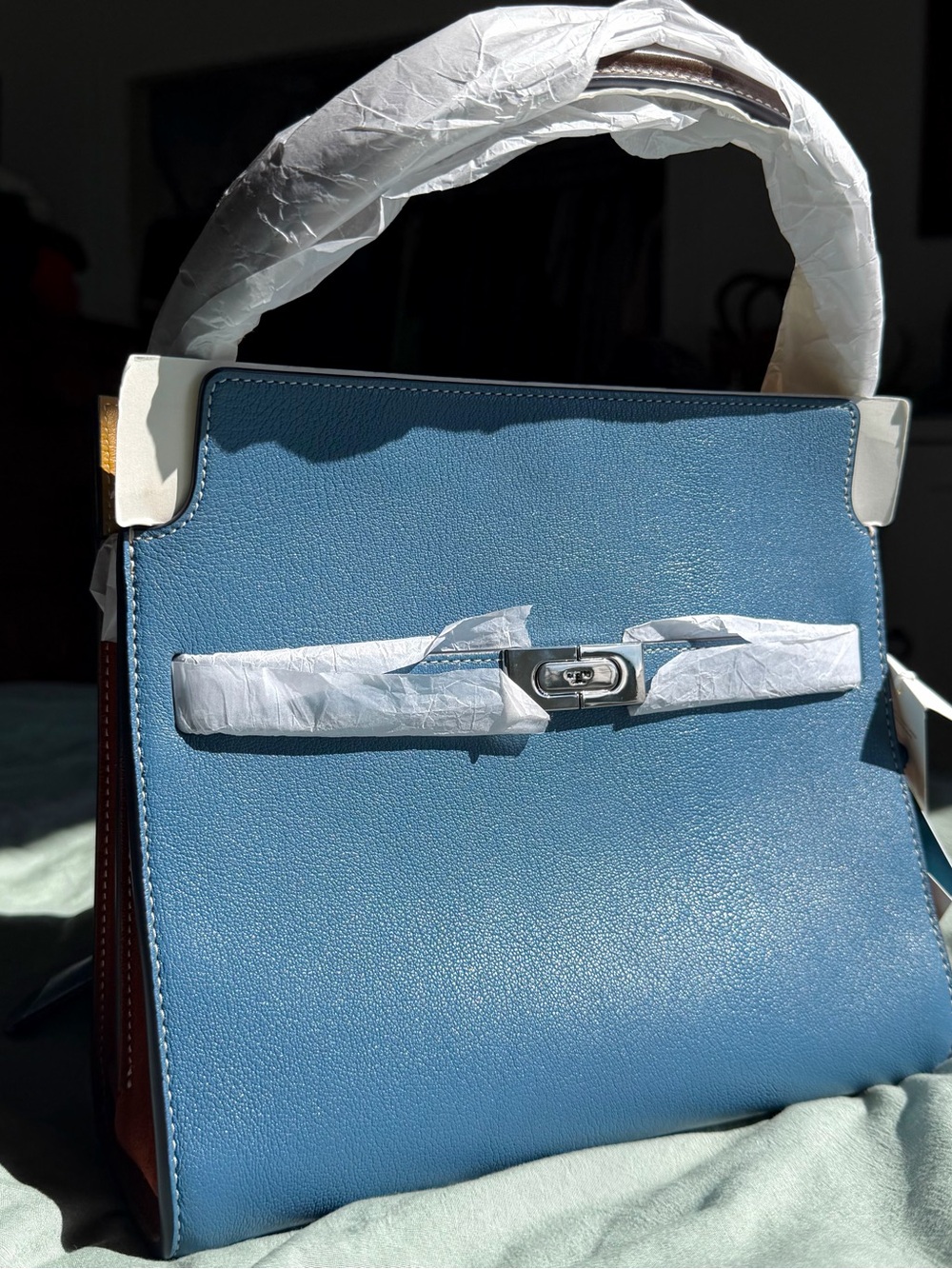 BNWT Tory Burch Lee Radziwill Double Bag Size Small Steel Blue Silver Hardware